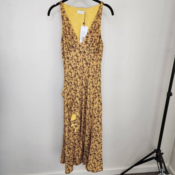 NWT Rhode Irvetta V Neck Side Slit Ruffle Dress Floral Trellis Wheat Size Small - Picture 6 of 16